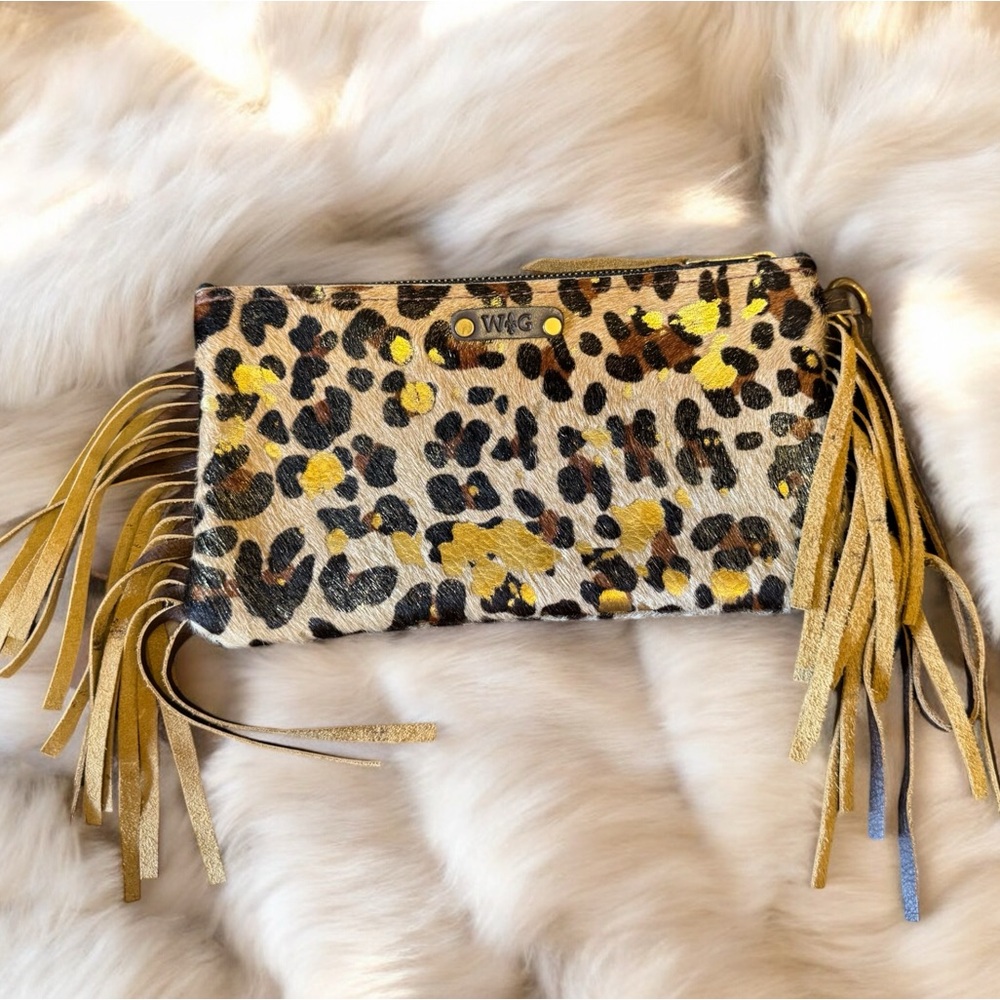 Leopard Print Fringe Wristlet Clutch in Yellow & Brown